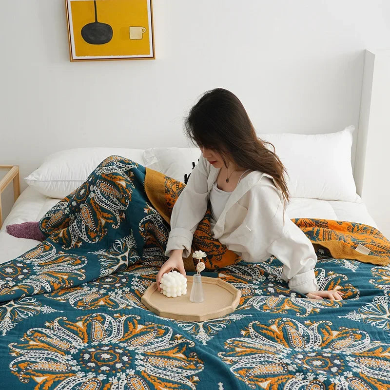 DecorBites™ Geometric Cotton Gauze Summer Blanket – Stylish Home Textile for Adults