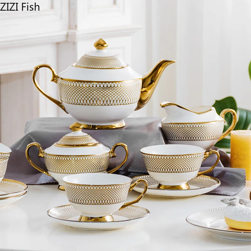 طقم شاي سيراميك ذهبي من DecorBites™ لطاولة الطعام، كوب قهوة، إبريق شاي، شاي بعد الظهر وحاوية مشروبات