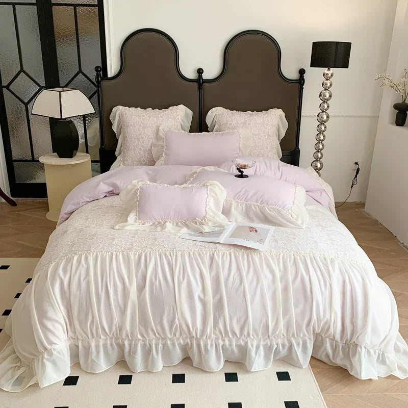 DecorBites™ Pink French Princess Bedding Set, Queen Size, Soft & Cozy with Lace Ruffles