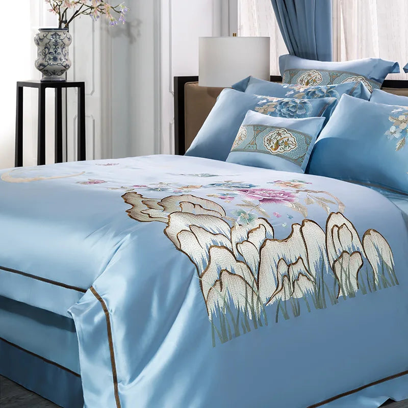 DecorBites™ 200S Cotton Embroidery Bedding Set - Queen King Linens - Duvet Cover Sheets