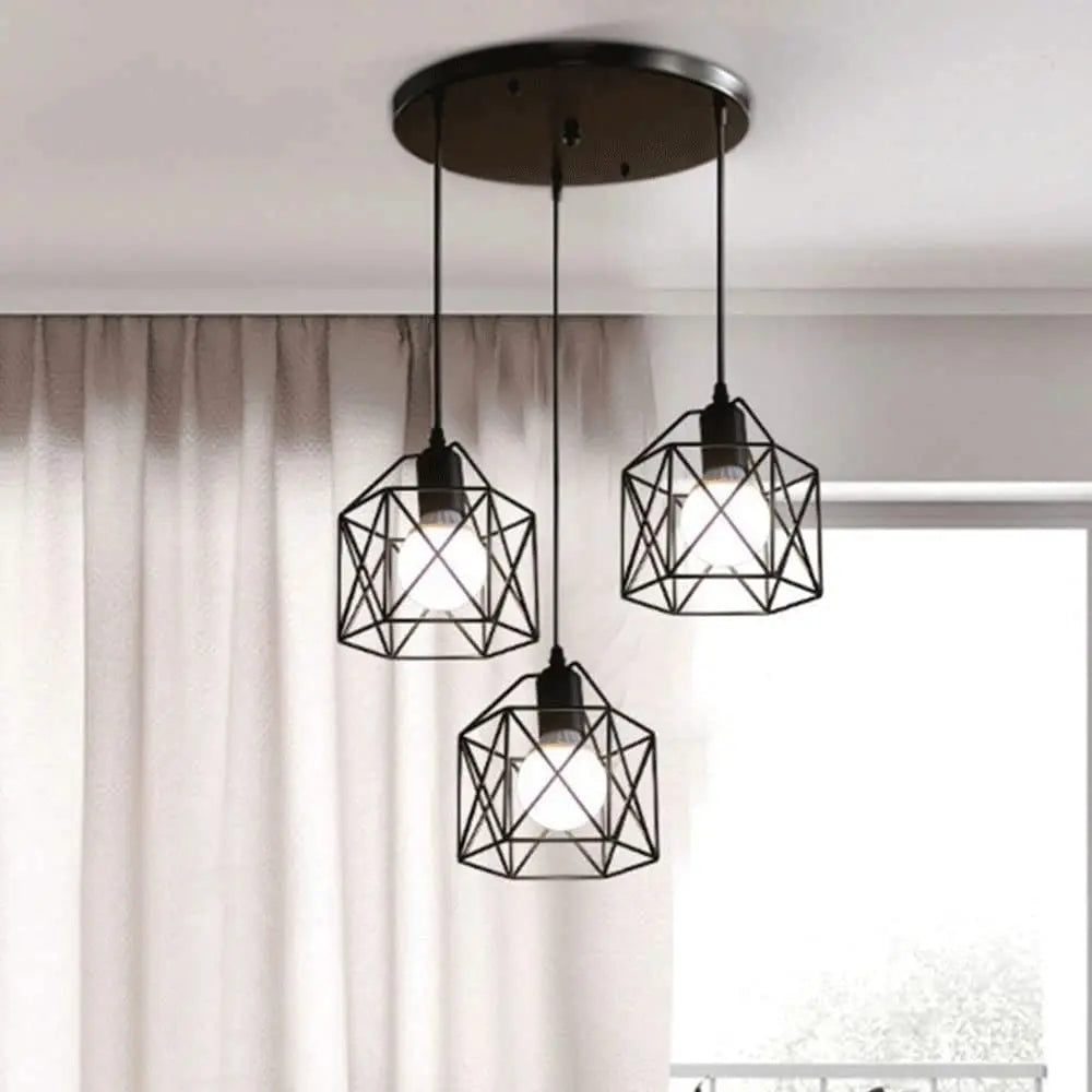 Vintage 3-Light Black Metal Pendant Chandelier