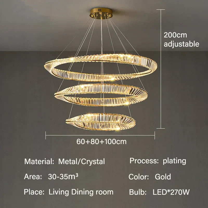 ثريا قلادة كريستال ذهبية بتقنية LED من DecorBites™ لإنارة غرف المعيشة والطعام الفاخرة والديكور