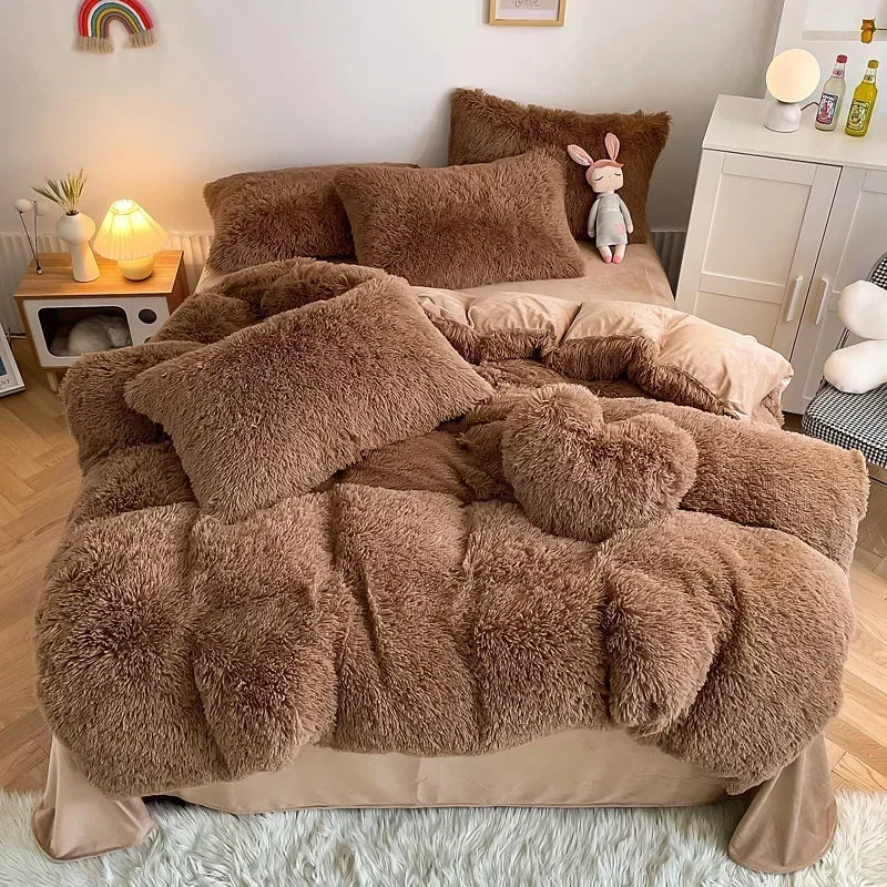 DecorBites™ Fluffy Faux Fur Bedding Set: Duvet Cover, Sheet, Pillowcase - Soft & Warm