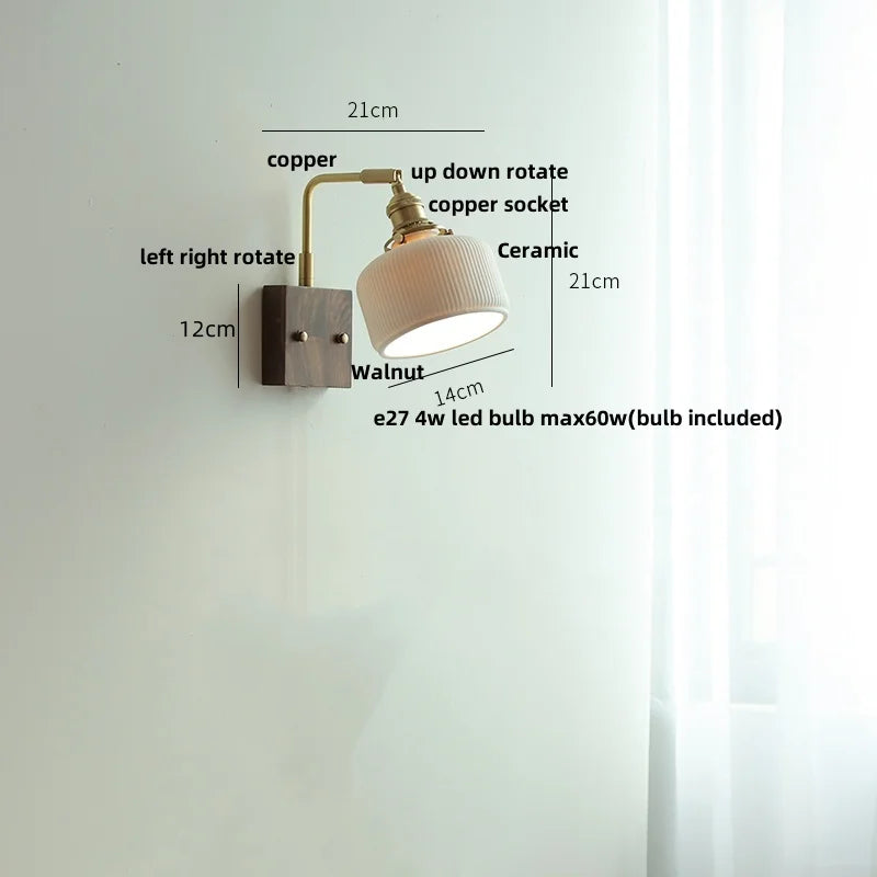 DecorBites™ Globe Ceramic LED Wall Lights Walnut Wood Sconce Rotatable Bedside Lamp