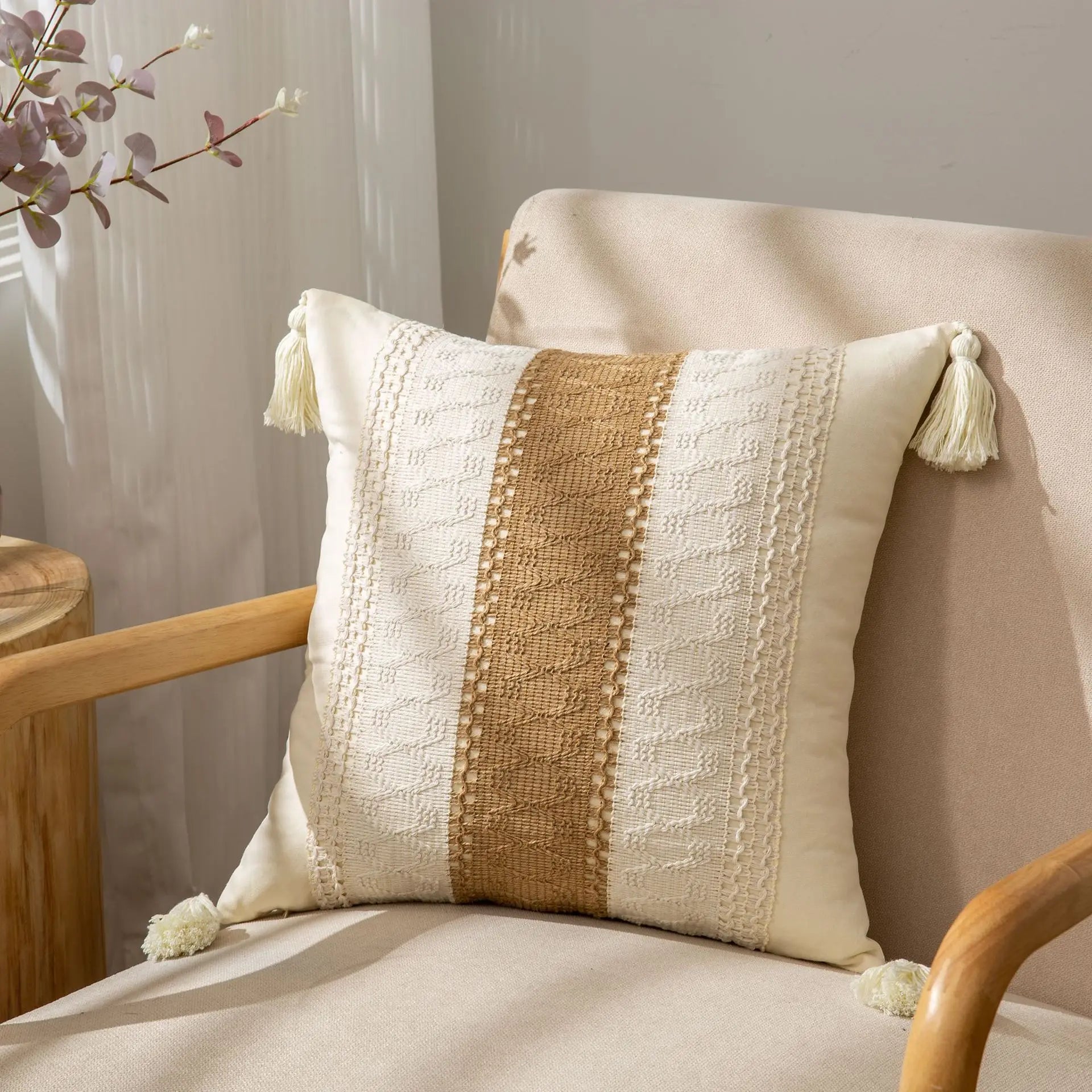 غطاء وسادة DecorBites™ شرابة هندسية من القطن والكتان لغرفة المعيشة وغرفة النوم