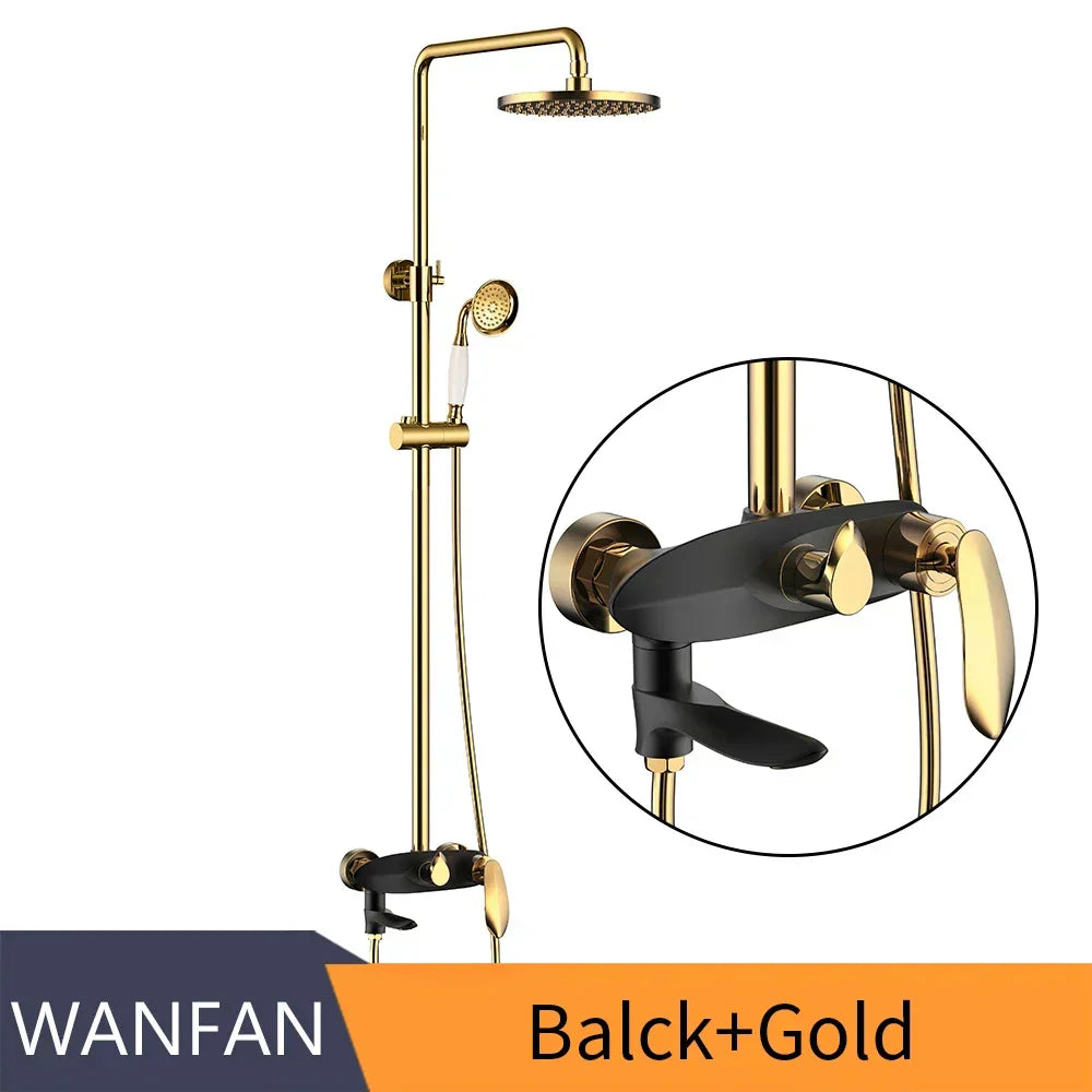 DecorBites™ طقم صنبور حائط لحوض الاستحمام من النحاس الأسود - رأس دش مطري، دش يدوي، مربع