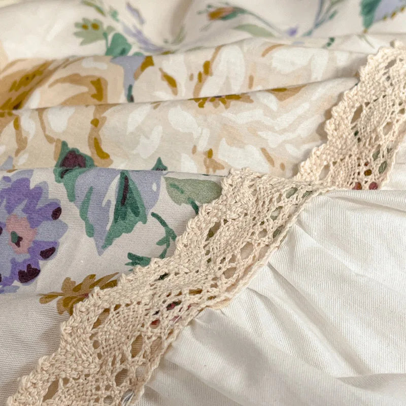 DecorBites™ French Pastoral Princess Lace Bedding Set with Ruffles, 100% Cotton, Queen King
