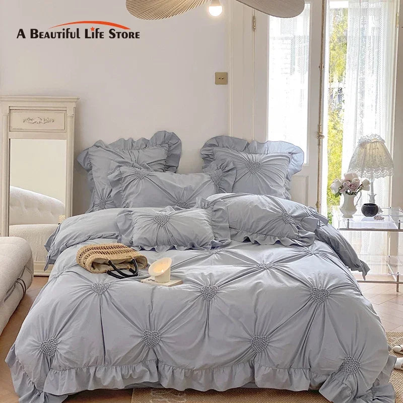 طقم مفروشات سرير من القطن الخالص بتصميم أميرة كورية من DecorBites™ مع كشكشة وكسرات قلب