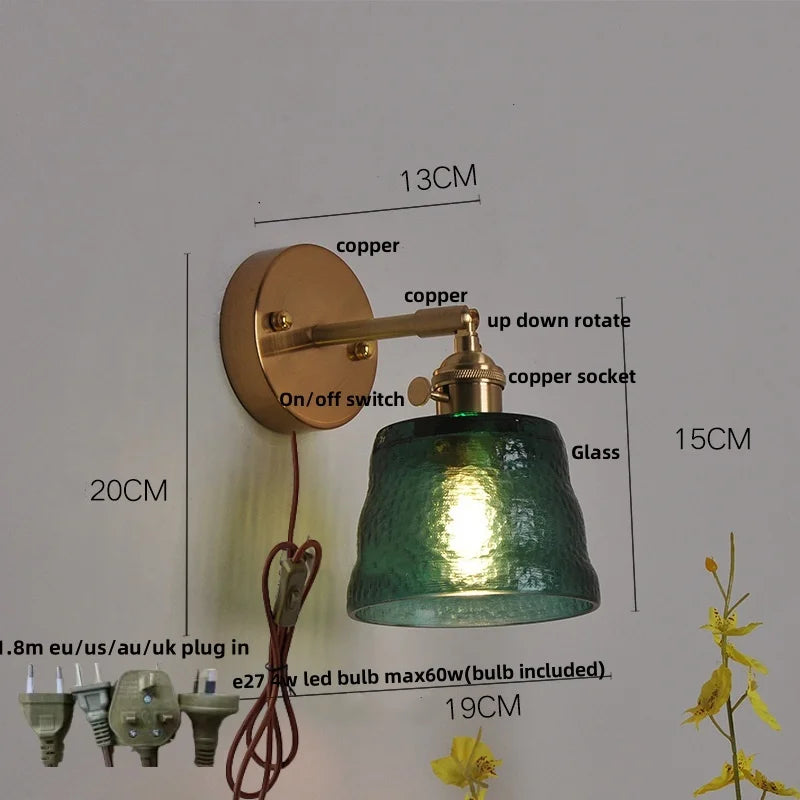 DecorBites™ Clear Glass LED Wall Sconce with Pull Chain Switch, Brass E27, Bedroom Reading Light