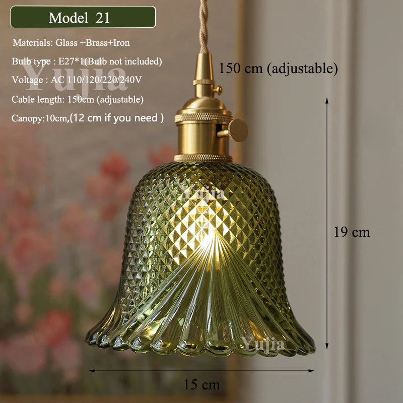 Vintage Green Glass Pendant Light With Brass Finish