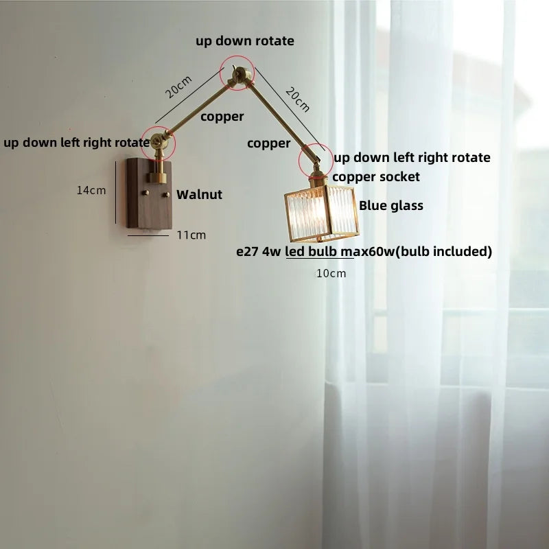DecorBites™ Ash Wood LED Wall Lights Swing Arms Blue Glass Bedside Lamp