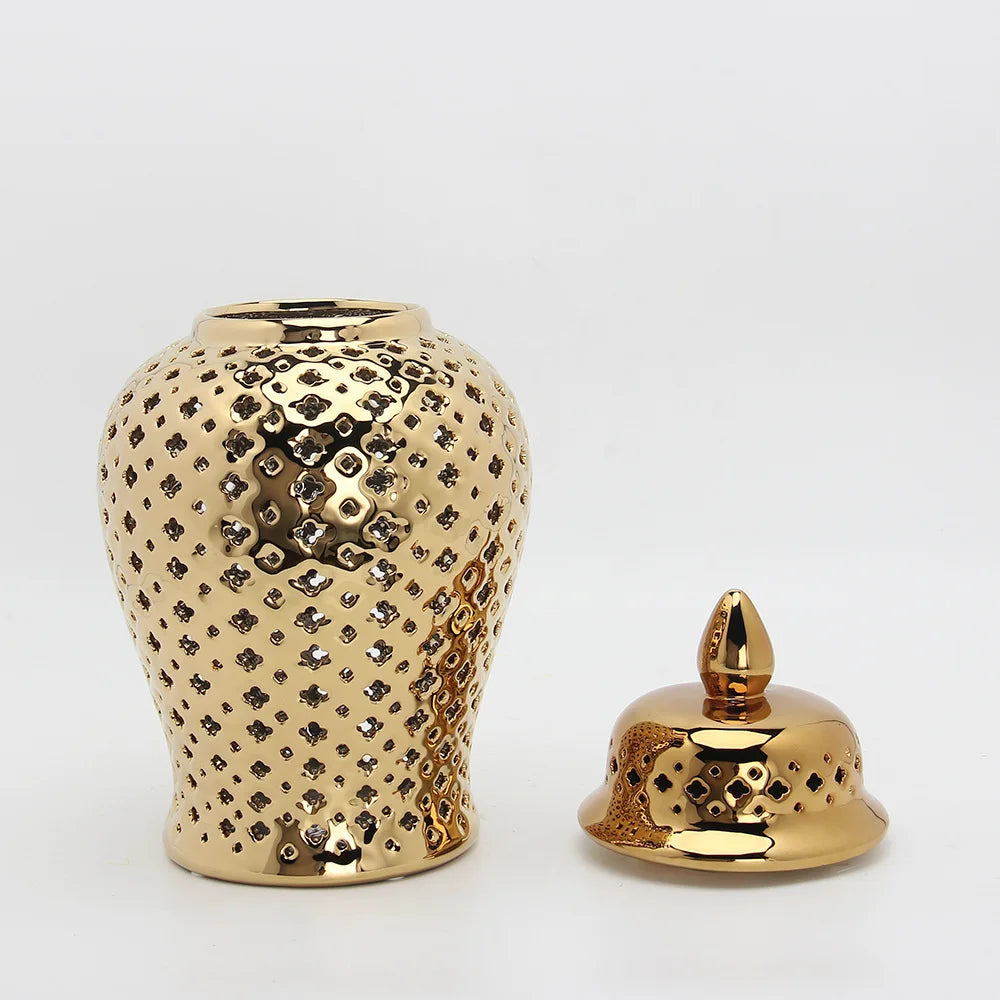 DecorBites™ Golden Ceramic Ginger Jar Home Decor Vase Pot Flower Arrangement Storage Jar