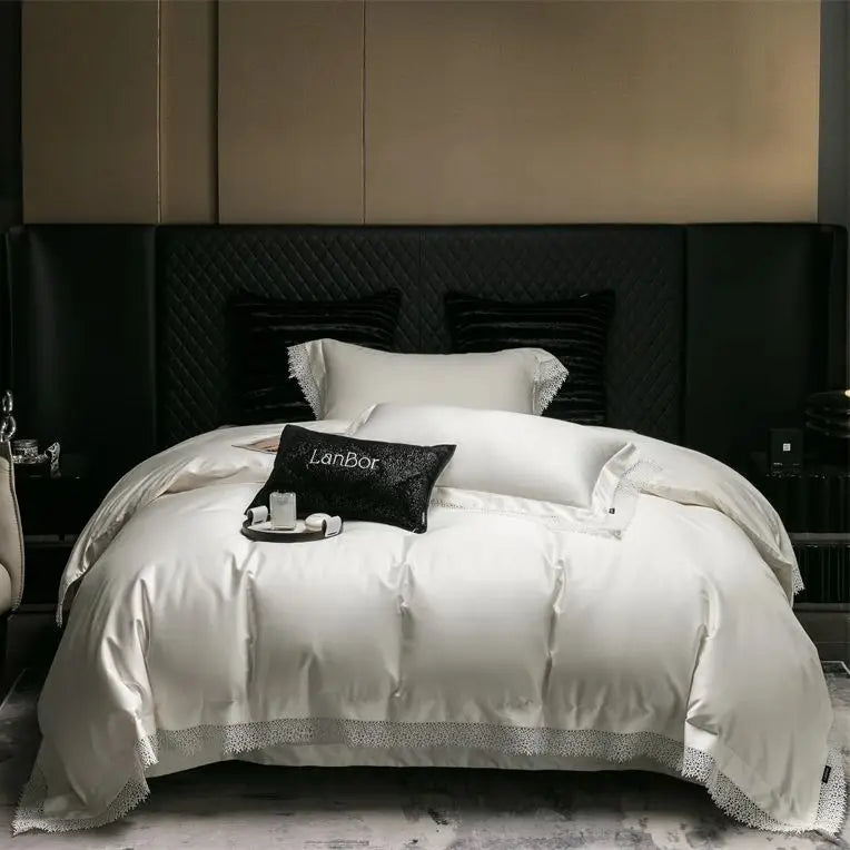 DecorBites™ French Lace Edge Bedding Set, 1000TC Egyptian Cotton, Queen King, Duvet, Sheet, Pillowcases