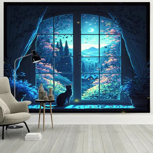 DecorBites™ نسيج حائط بتصميم نافذة أحلام للقطط للمناظر الطبيعية لغرف النوم والمعيشة