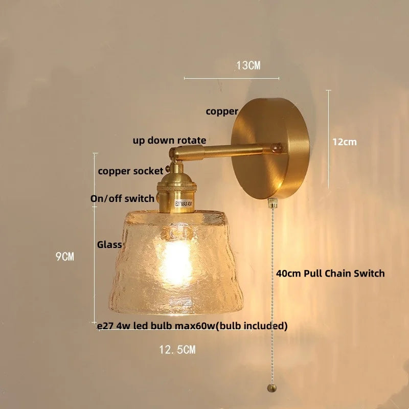 DecorBites™ Clear Glass LED Wall Sconce with Pull Chain Switch, Brass E27, Bedroom Reading Light