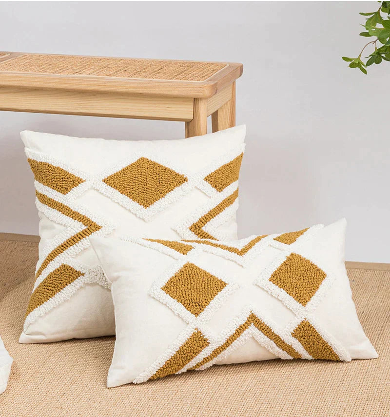 DecorBites™ Geometric Embroidery Boho Loop Tufte Cotton Canvas Cushion Cover 45x45/30x50cm