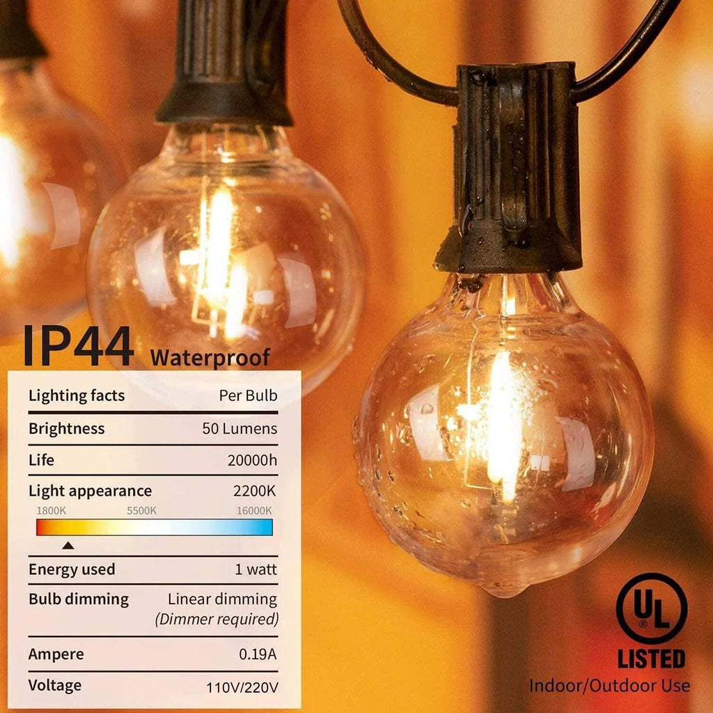 DecorBites™ G40 Amber Glass Warm White LED String Lights for Patio Decor, Dimmable 1W Eqv