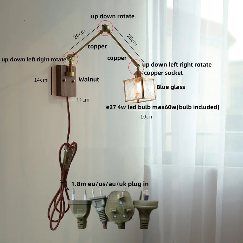 DecorBites™ Ash Wood LED Wall Lights Swing Arms Blue Glass Bedside Lamp