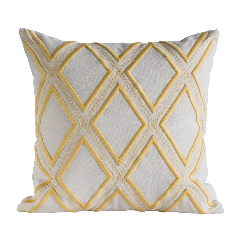 DecorBites™ Geometric Embroidery Cushion Cover Navy Blue White Yellow 50x50cm Home Decor Pillow