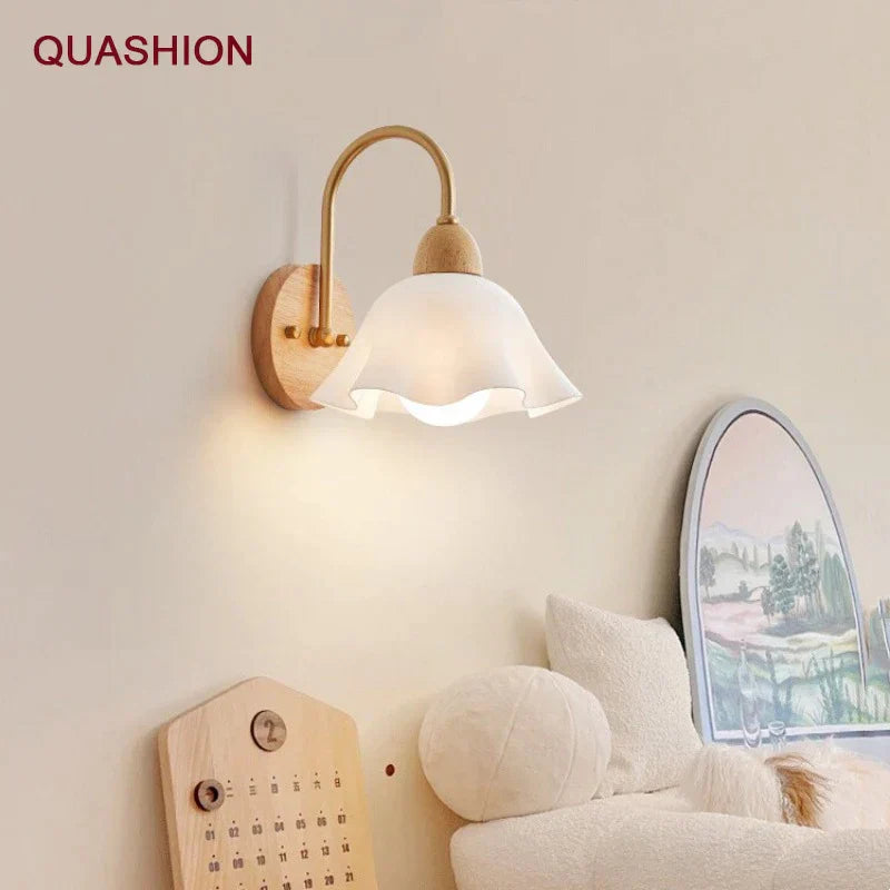 DecorBites™ Cream LED Wooden Flower Wall Lamp, Modern Bedroom Bedside Reading Light