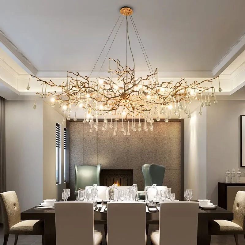 فانوس السقف LED من DecorBites™ على شكل فرع كريستالي، مصباح تعليق نحاسي فاخر