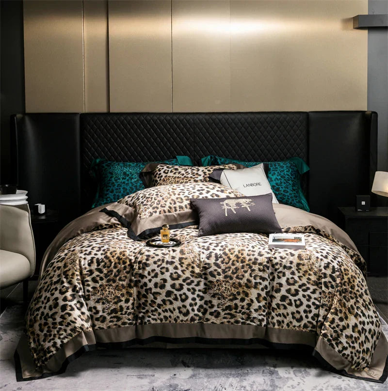 DecorBites™ Egyptian Cotton Leopard Print Luxury Bedding Set, Silky Soft Bed Sets