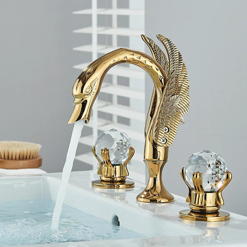 DecorBites™ Gold Swan Crystal Handle Bathroom Faucet - Deck Mounted Basin Mixer Tap