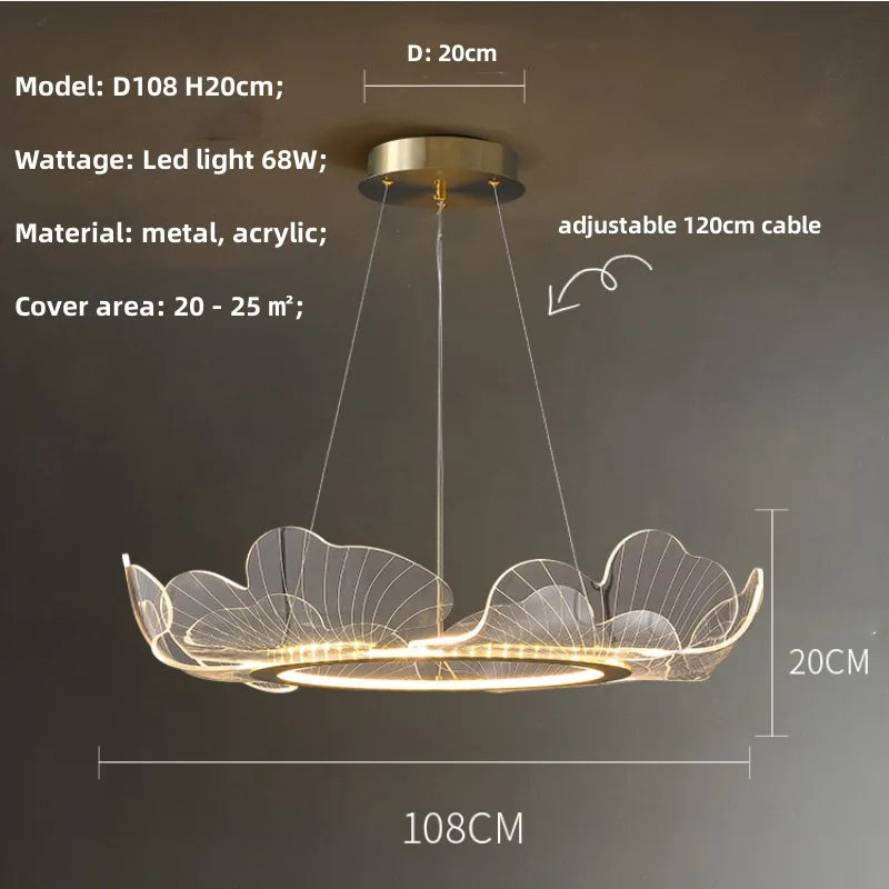 DecorBites™ Ginkgo Acrylic LED Pendant Chandelier Light, Gold Metal, Dimmable, Modern Minimalism