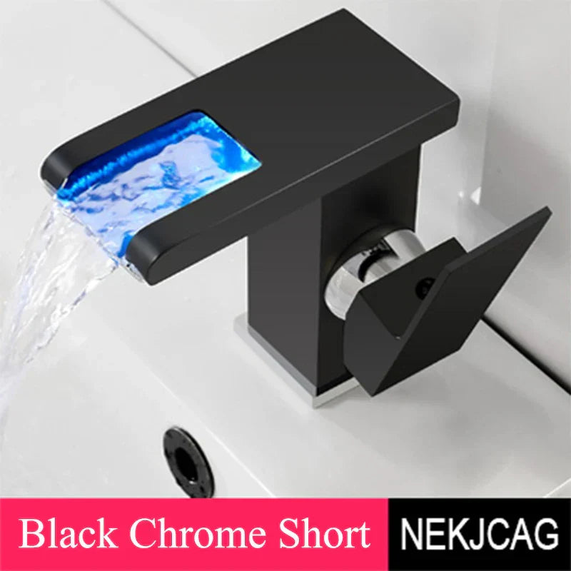 DecorBites™ LED Waterfall Basin Faucet: Black Mixer Tap with Light, Deck Mount Kitchen Sink