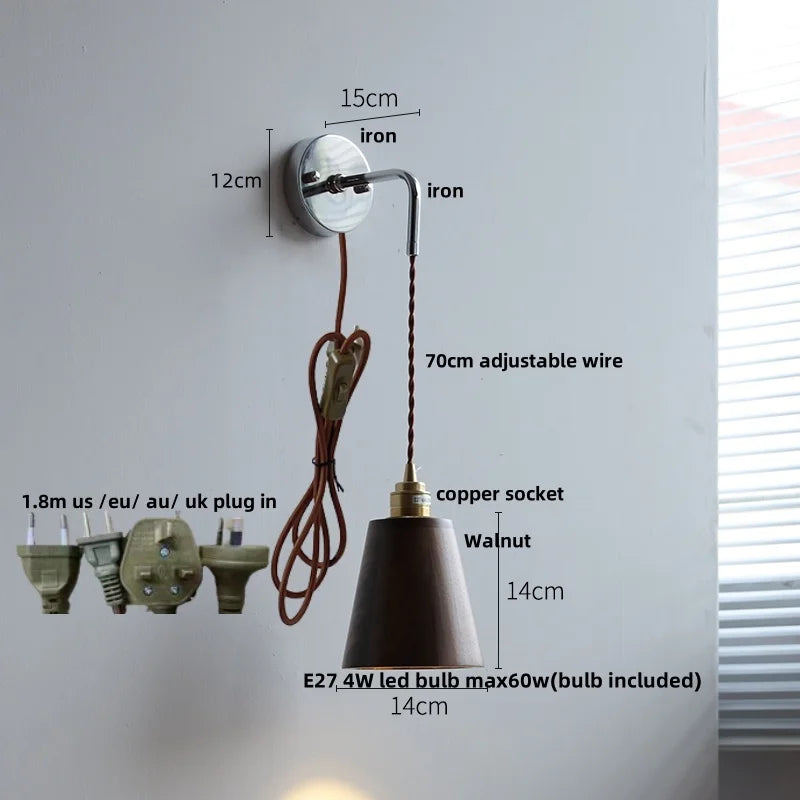 DecorBites™ Ash Wood LED Wall Light with Pull Chain Switch, Japanese Style Bedside Lamp