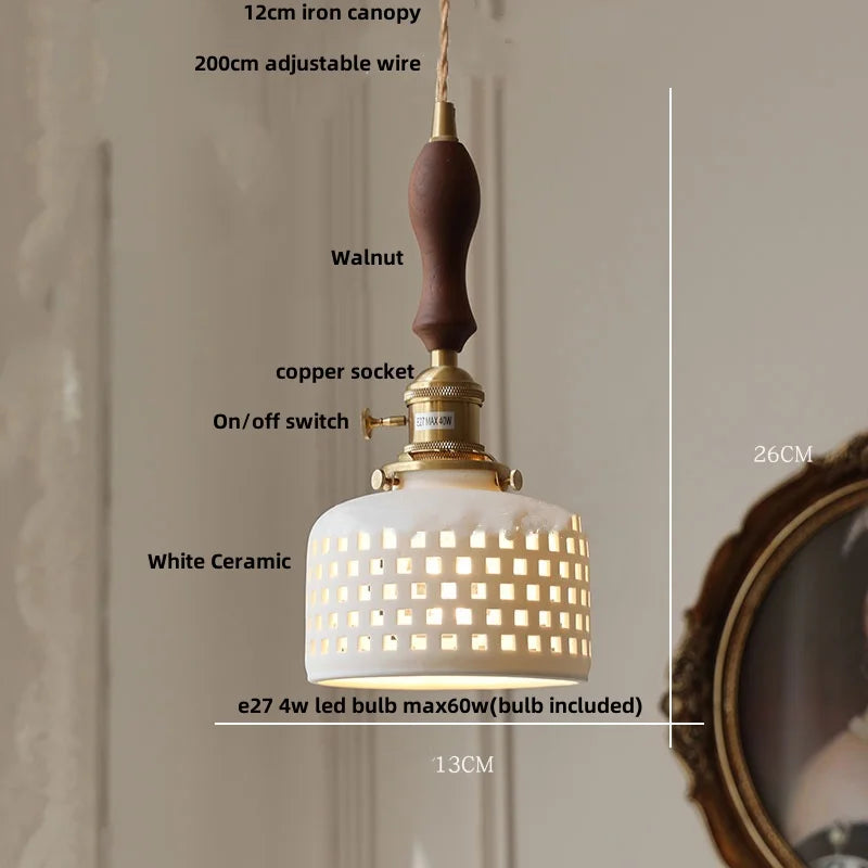 DecorBites™ Brown Wood LED Pendant Light - Nordic Modern White Ceramic Hanging Lamp