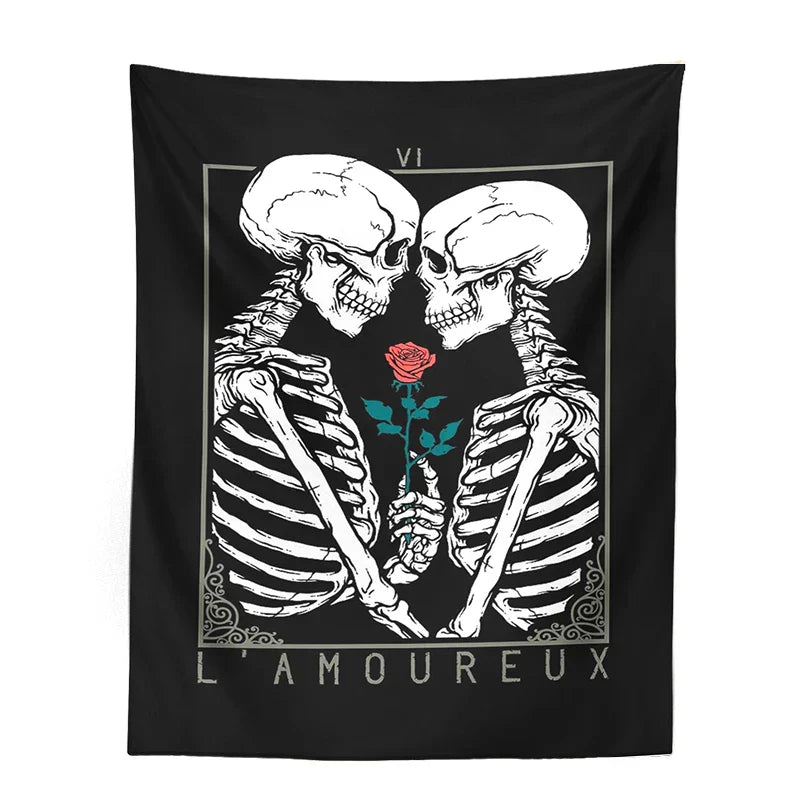DecorBites™ Kissing Lovers Tarot Tapestry: Skeleton & Rose Hippie Room Decor