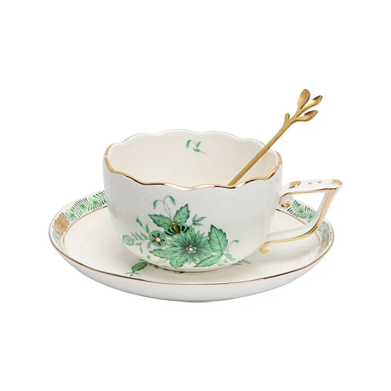 طقم فناجين شاي سيراميك DecorBites™ بنقوش نباتية خضراء مع ملعقة وصحن - مثالي لوقت شاي العصر الإنجليزي