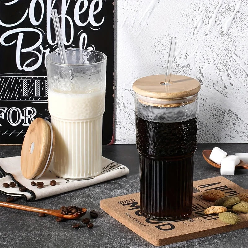 DecorBites™ 500ml Ribbed Glass Cup with Lid and Straw | Stylish Drinking Glass for Any Occasion