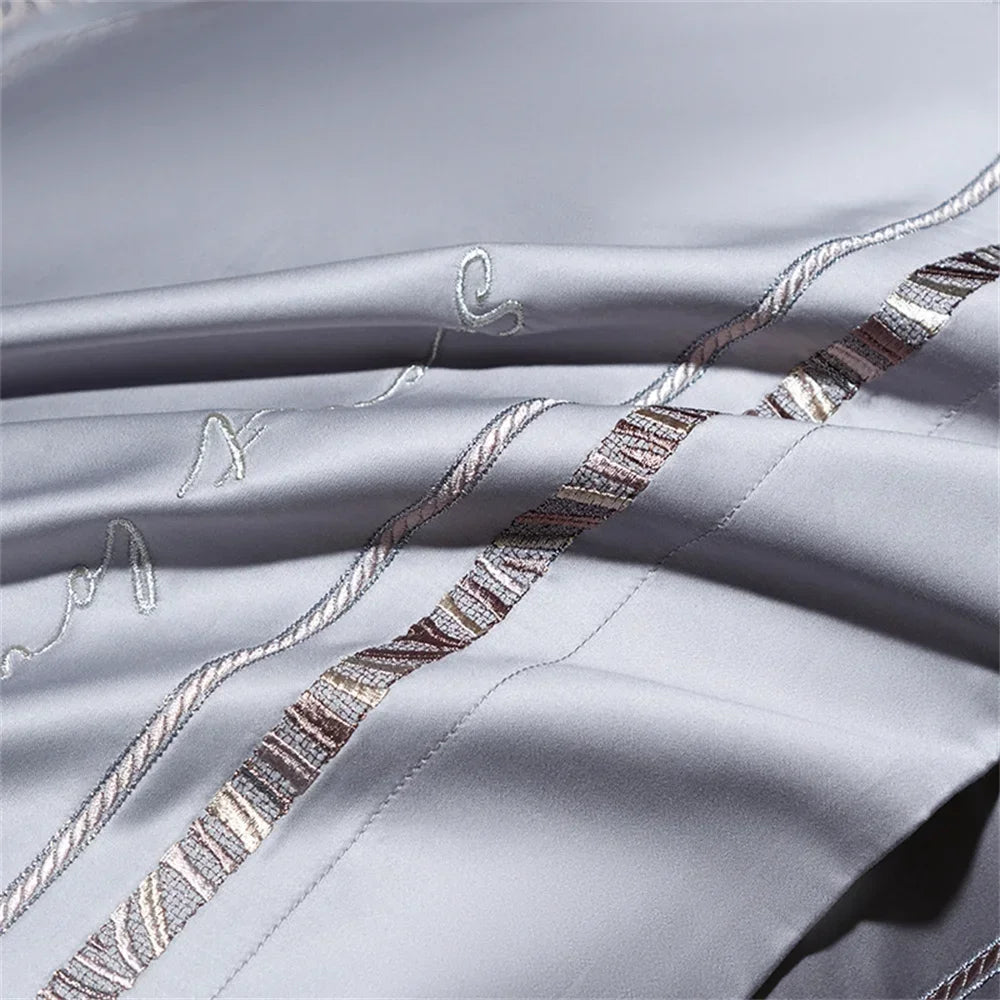 DecorBites™ Cotton Satin Jacquard Embroidery Bedding Set with Elastic Sheet & Duvet Cover
