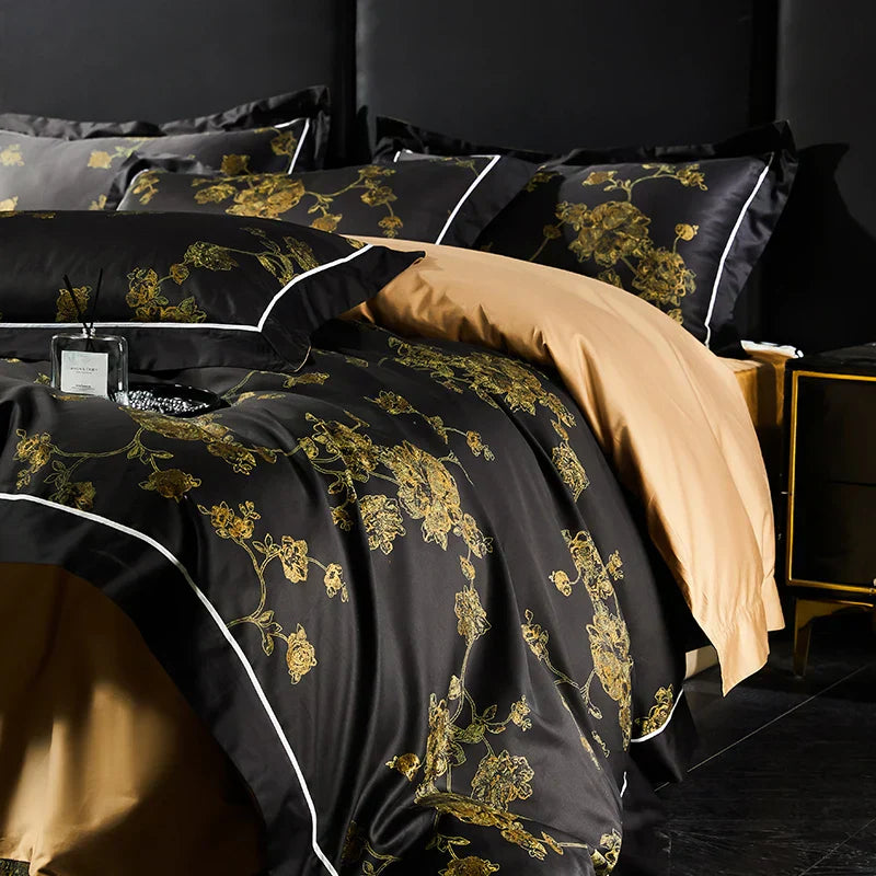طقم مفروشات DecorBites™ Gold Flowers الفاخر من القطن المصري مع غطاء لحاف ناعم 1000TC، وملاءات، وأغطية وسائد