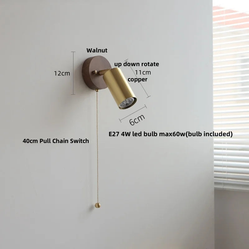 DecorBites™ LED Walnut Wood Wall Light Fixture Clear Glass Sconce Bedside Lamp