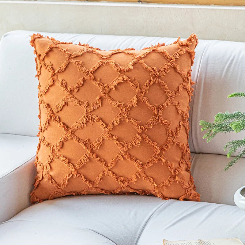 DecorBites™ Cotton Diamond Cushion Cover in Mustard Orange Beige for Living Room Sofa Bed