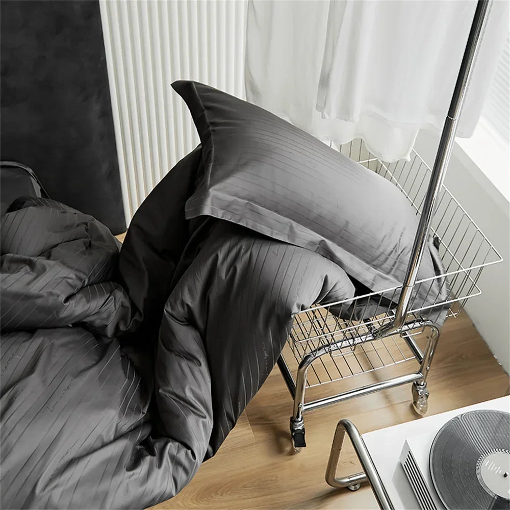 DecorBites™ Grey Lines Stripes Duvet Cover Set Cotton Satin Jacquard Queen King Size