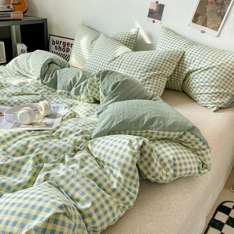طقم غطاء لحاف بنمط ياباني كاروهات من DecorBites™ - غطاء لحاف ومخدة مغسولان وناعمين