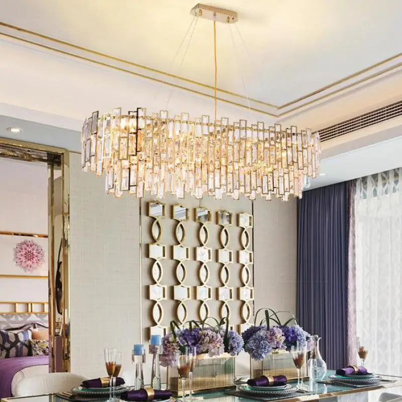 DecorBites™ Gold Steel Crystal Pendant Chandelier - Luxury LED Dining Room Hanging Lamp