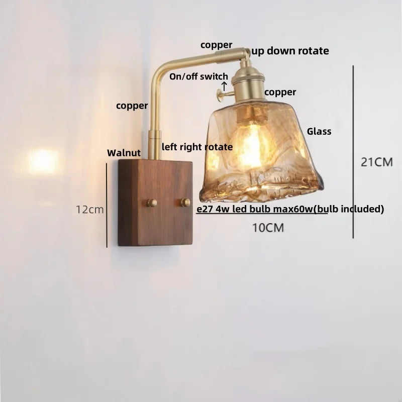 DecorBites™ LED Wall Light Walnut Wood Rotate Copper Bedside Lamp