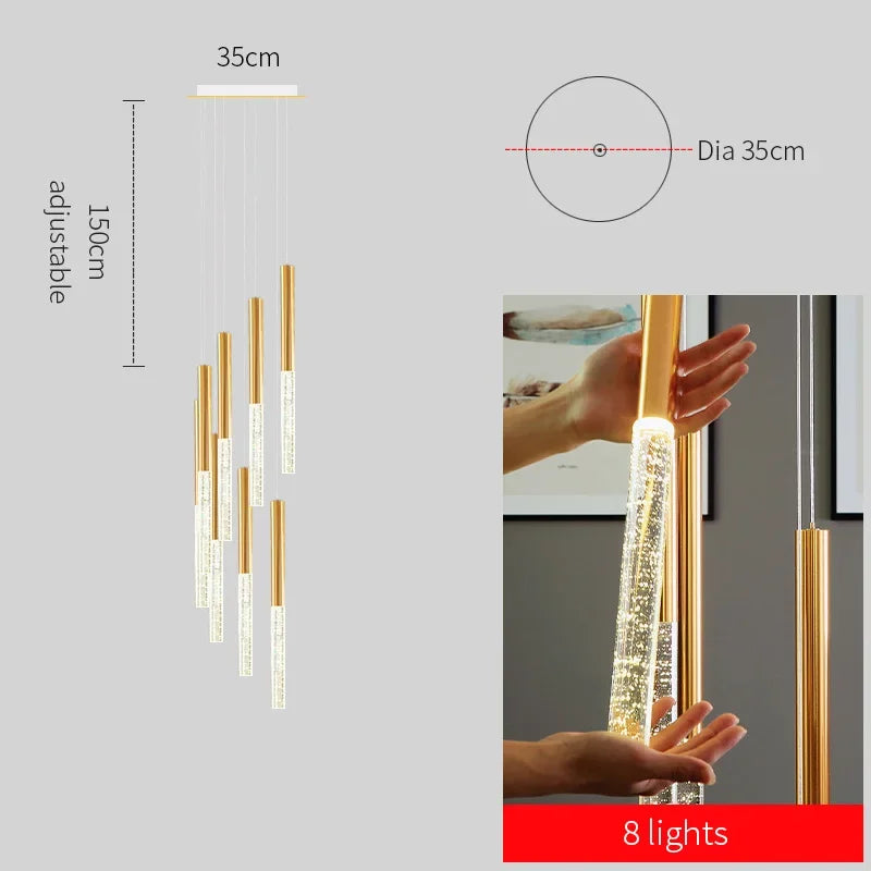 DecorBites™ ثريا كريستالية للسلالم - إضاءة LED ذهبية حديثة لغرفة المعيشة