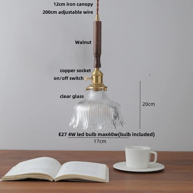 DecorBites™ Amber Glass LED Pendant Light, Nordic Modern Design, Walnut Wood, Dining Living Room Lighting