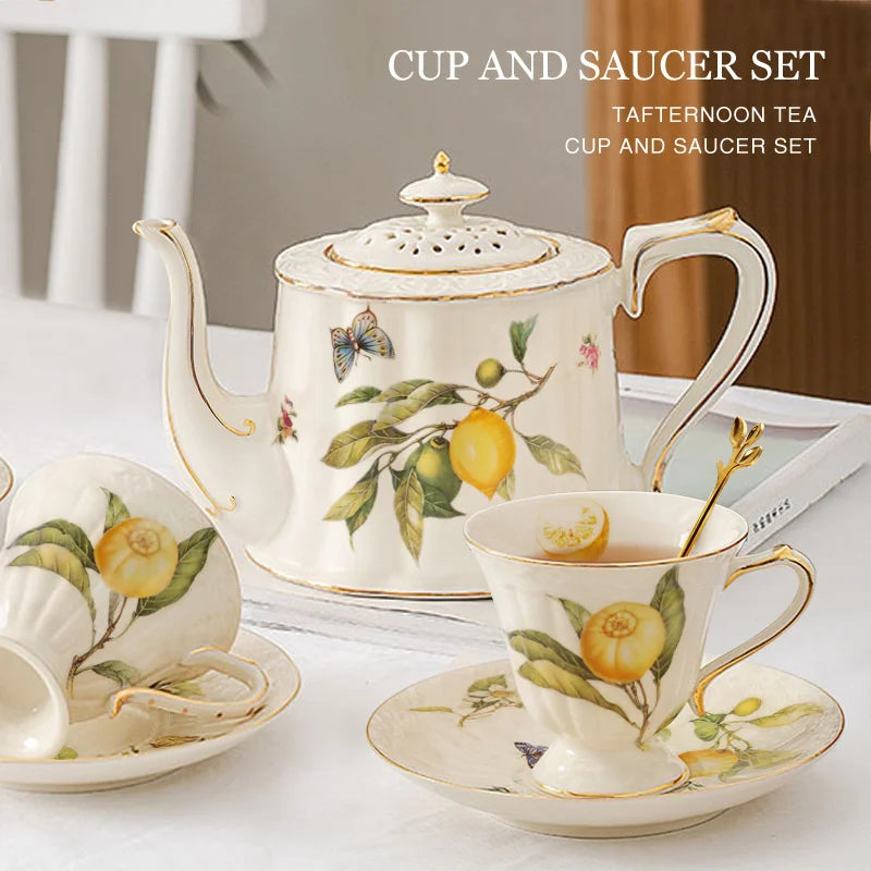 DecorBites™ Service à café/thé bord doré : Théière Citron, Mug, Assiettes en Céramique et Vaisselle