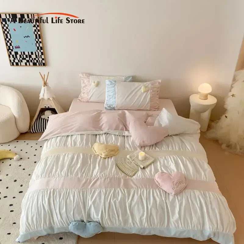 طقم أغطية سرير DecorBites™ من القطن المغسول على شكل قلب - غطاء لحاف، غطاء سرير، أغطية وسائد