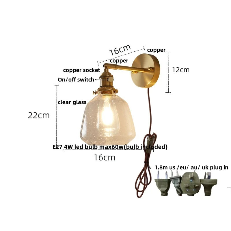 DecorBites™ Clear Glass LED Wall Sconce with Pull Chain, Rotating Copper Socket