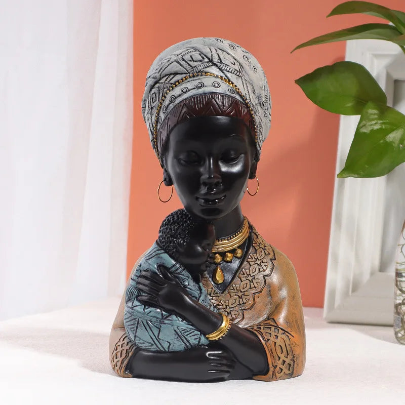 DecorBites™ African Exotic Black Mother And Child Resin Statues Retro Figurines For Home Decor