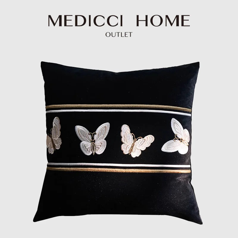 DecorBites™ French Night Velvet Throw Pillow Case with Embroidered Butterflies