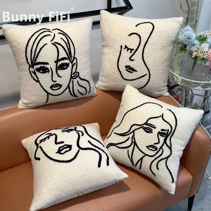 DecorBites™ غطاء وسادة من صوف الحمل مقاس 45x45، بيج أبيض، غطاء وسادة بتصميم فن تجريدي